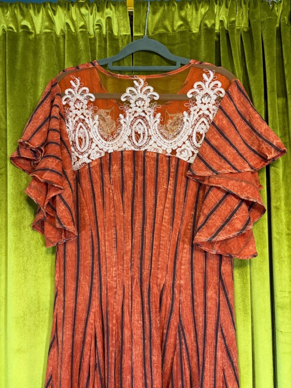 Aratta Silent Journey Rust-Striped Embroidered Floral Lace Midi Maxi Dress L - Picture 8 of 9